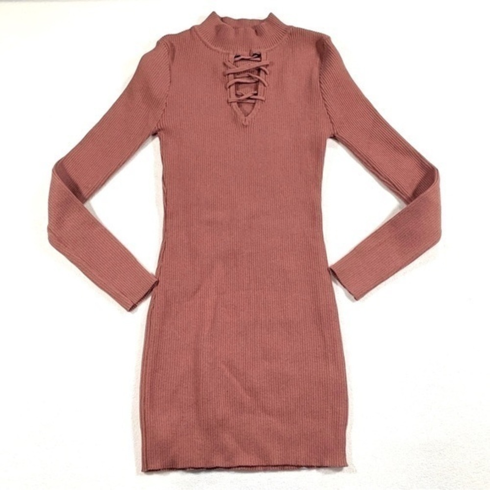 ROMA KNIT mauve ribbed dress Long sleeve mock neck stretchy body con lace chest